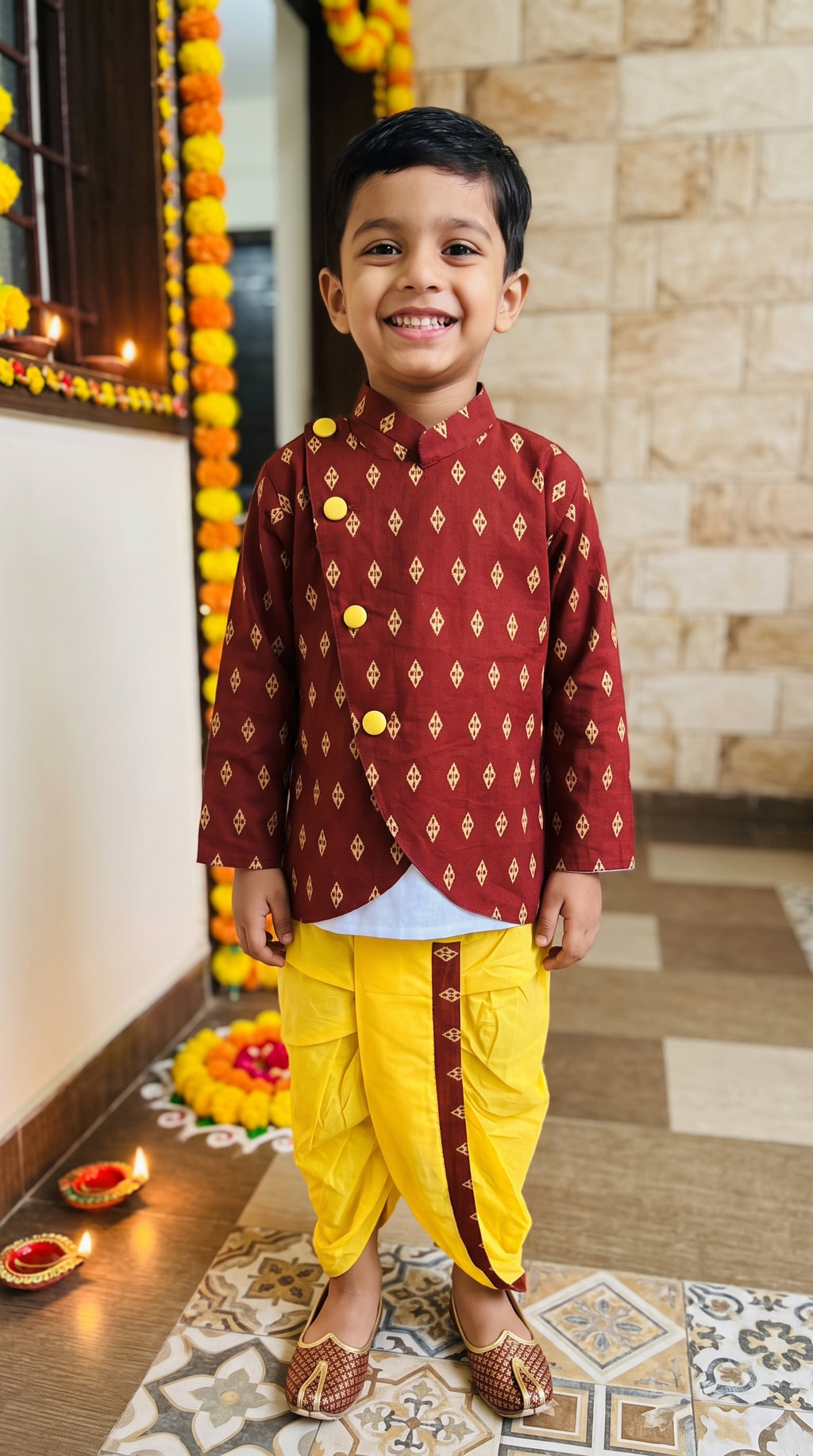 Festive Maroon & Yellow Ethnic Kurta Dhoti Set for Boys