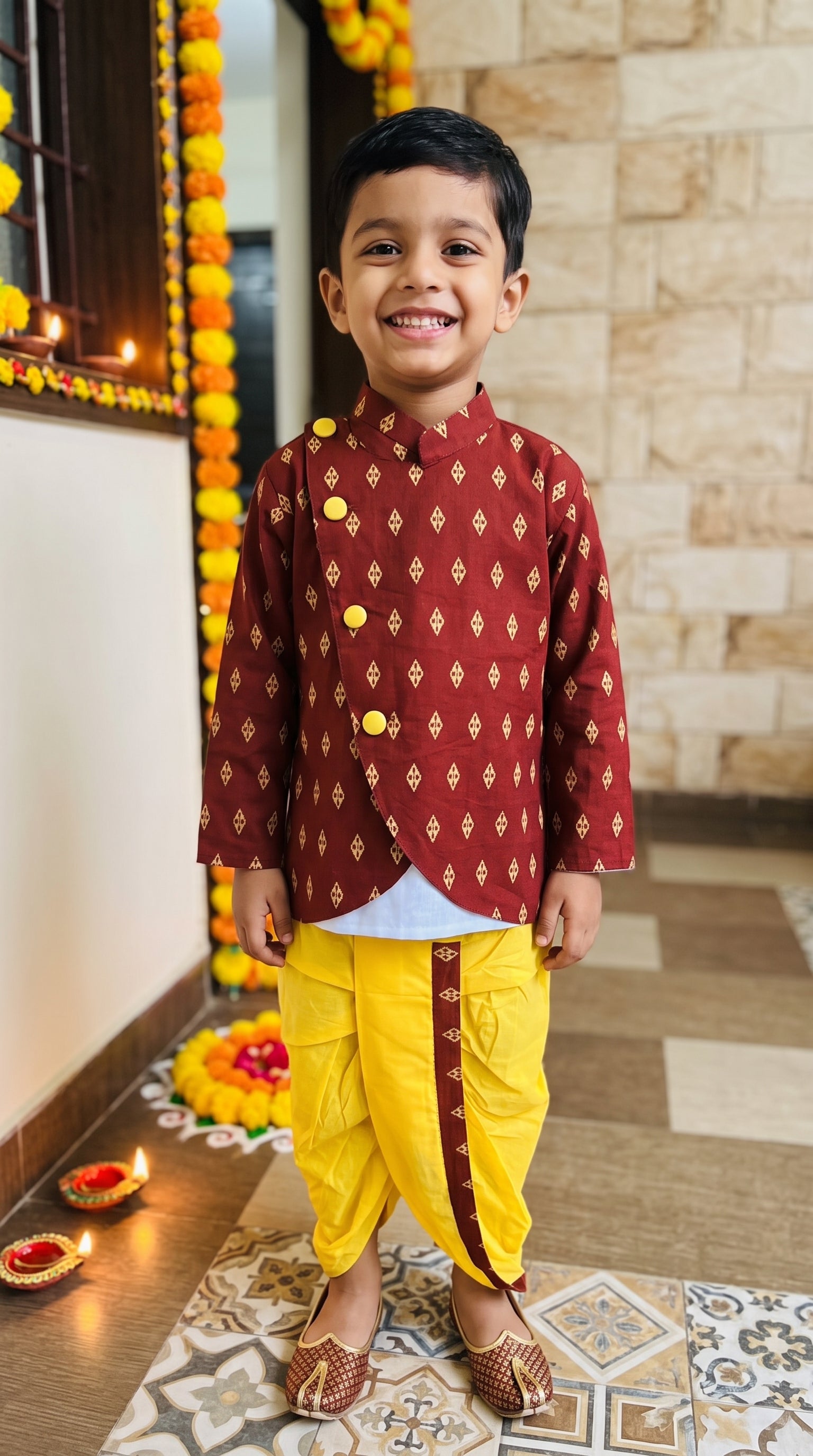 Festive Maroon & Yellow Ethnic Kurta Dhoti Set for Boys