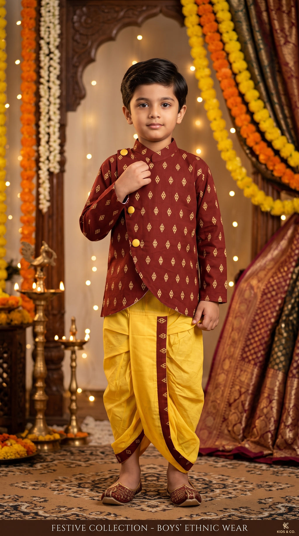 Festive Maroon & Yellow Ethnic Kurta Dhoti Set for Boys