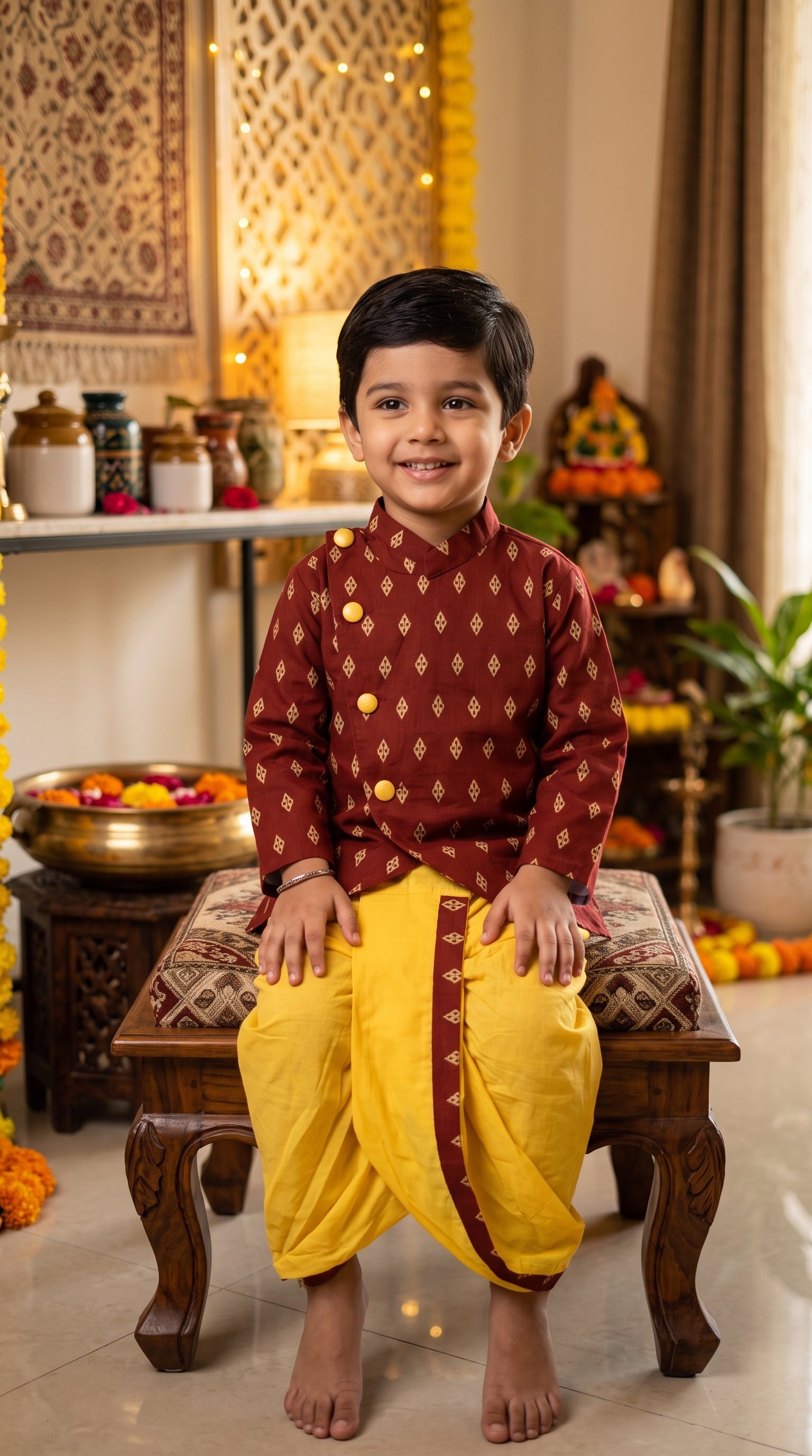 Festive Maroon & Yellow Ethnic Kurta Dhoti Set for Boys