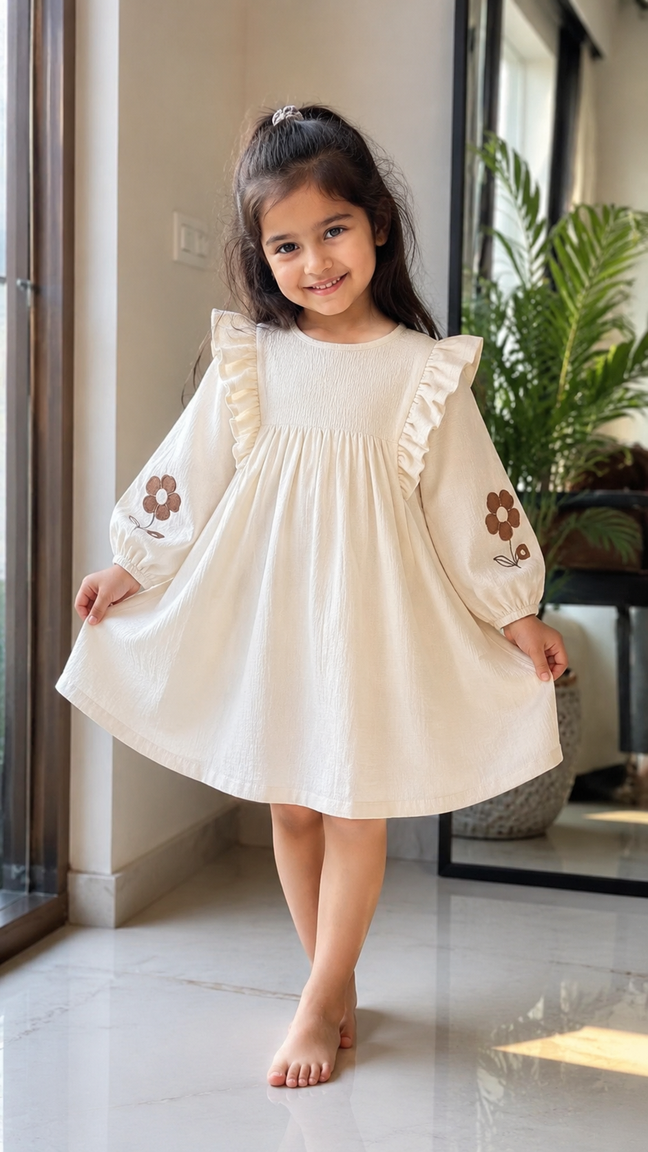 Off-White Floral Embroidered Cotton Dress for Girls