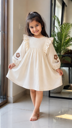 Off-White Floral Embroidered Cotton Dress for Girls