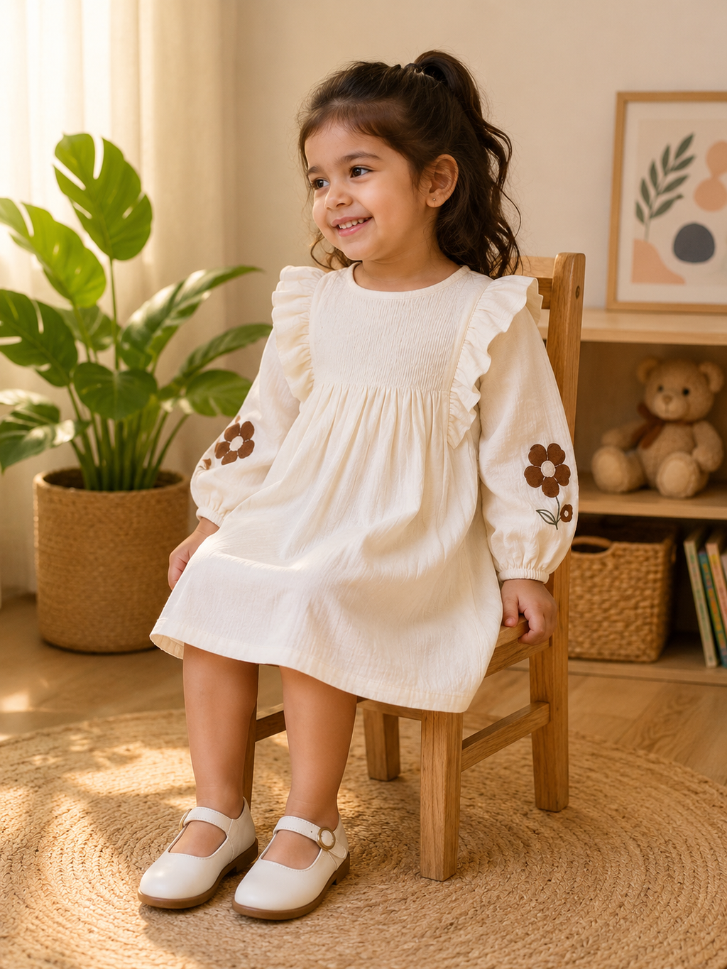 Off-White Floral Embroidered Cotton Dress for Girls