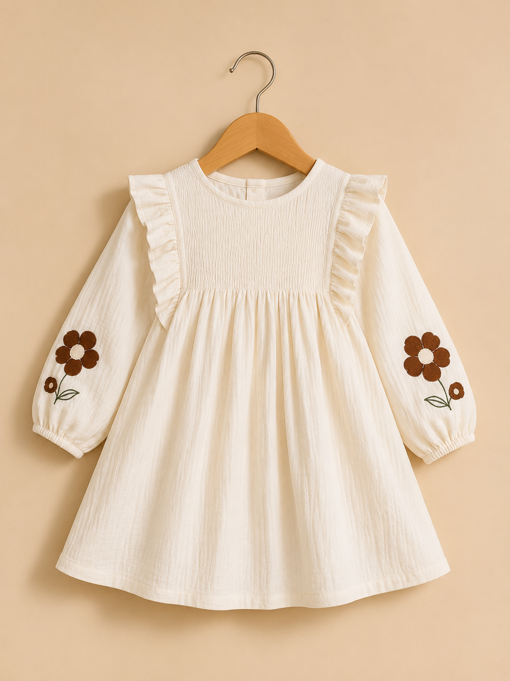 Off-White Floral Embroidered Cotton Dress for Girls