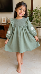 Sage Green Floral Embroidered Cotton Frock Dress for Girls