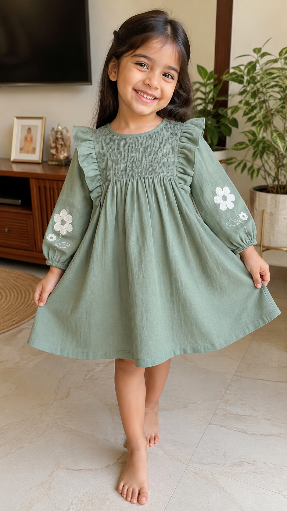 Sage Green Floral Embroidered Cotton Frock Dress for Girls