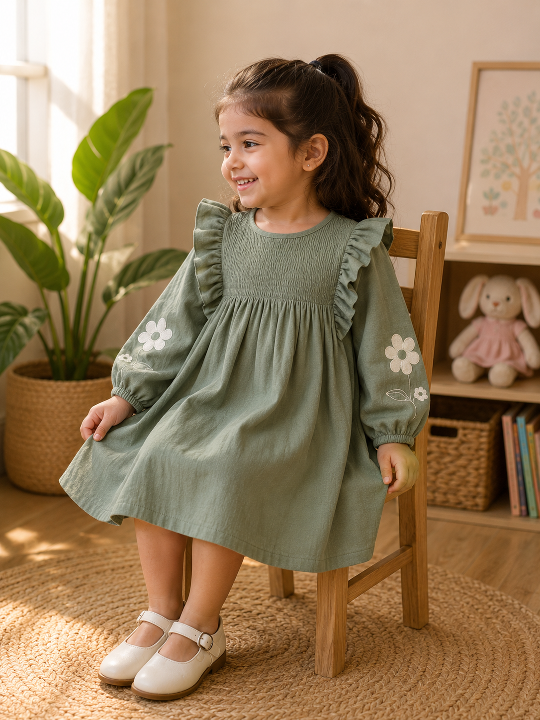 Sage Green Floral Embroidered Cotton Frock Dress for Girls