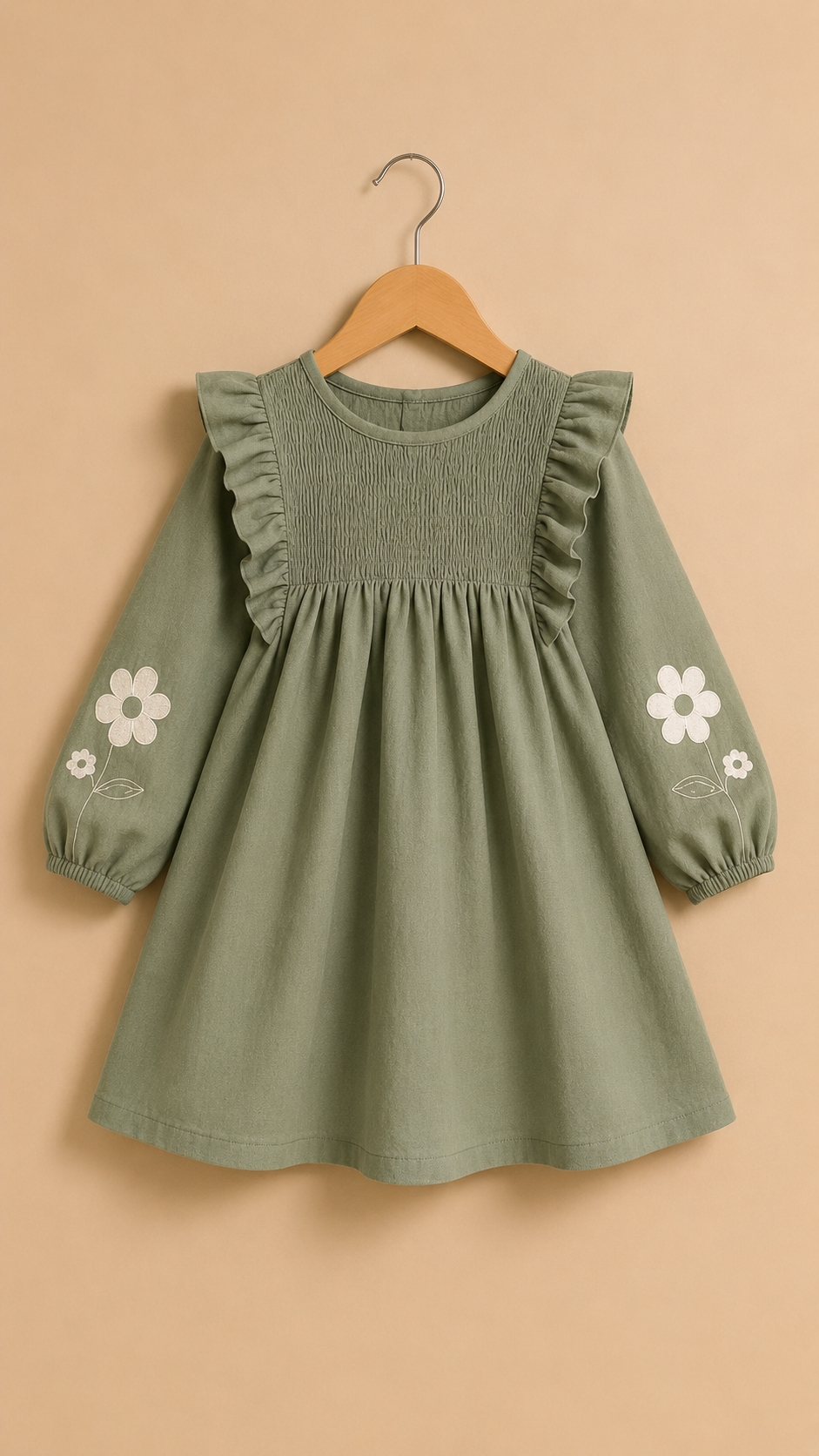 Sage Green Floral Embroidered Cotton Frock Dress for Girls