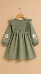 Sage Green Floral Embroidered Cotton Frock Dress for Girls
