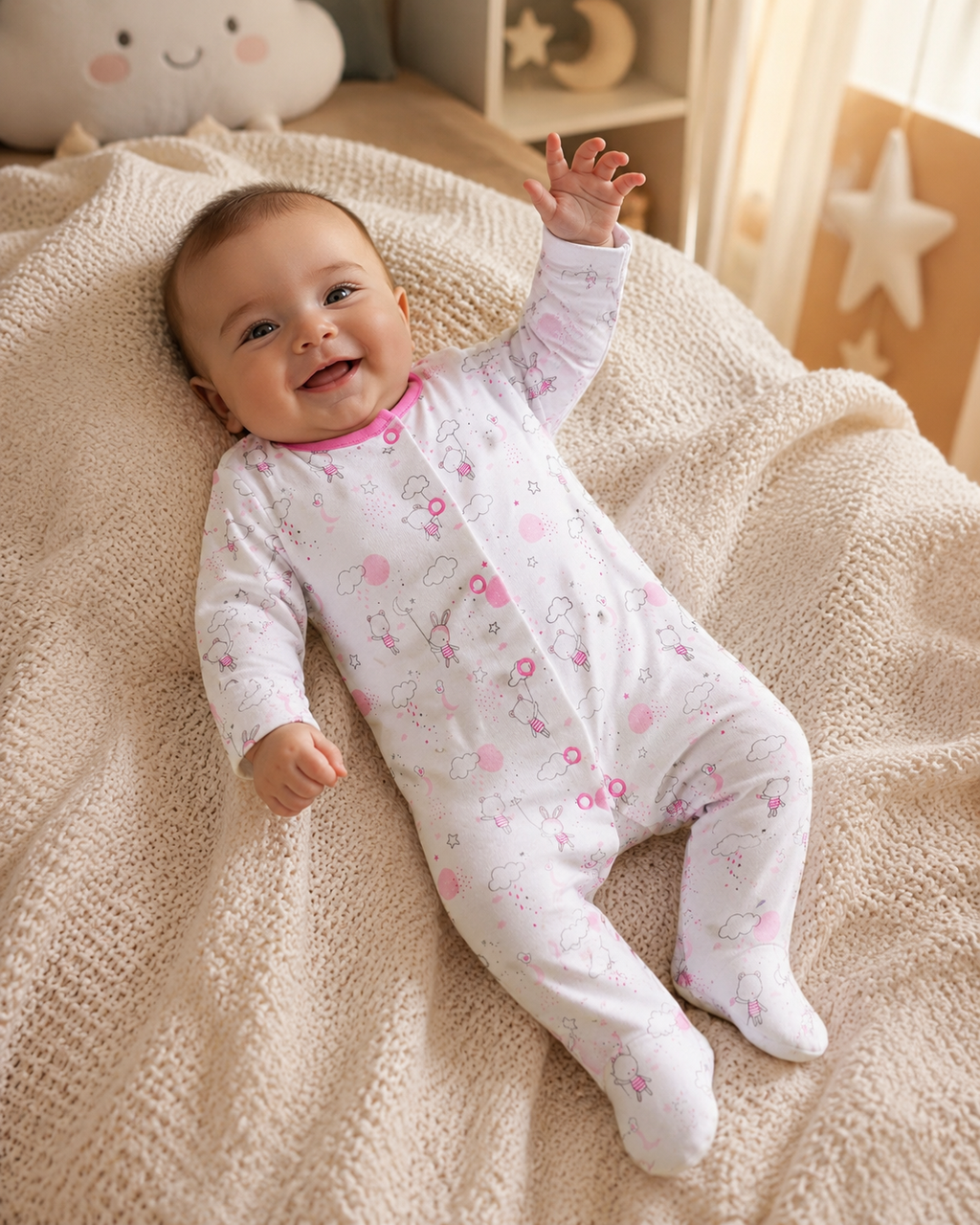 Pink Bunny Print Full Sleeve Baby Romper