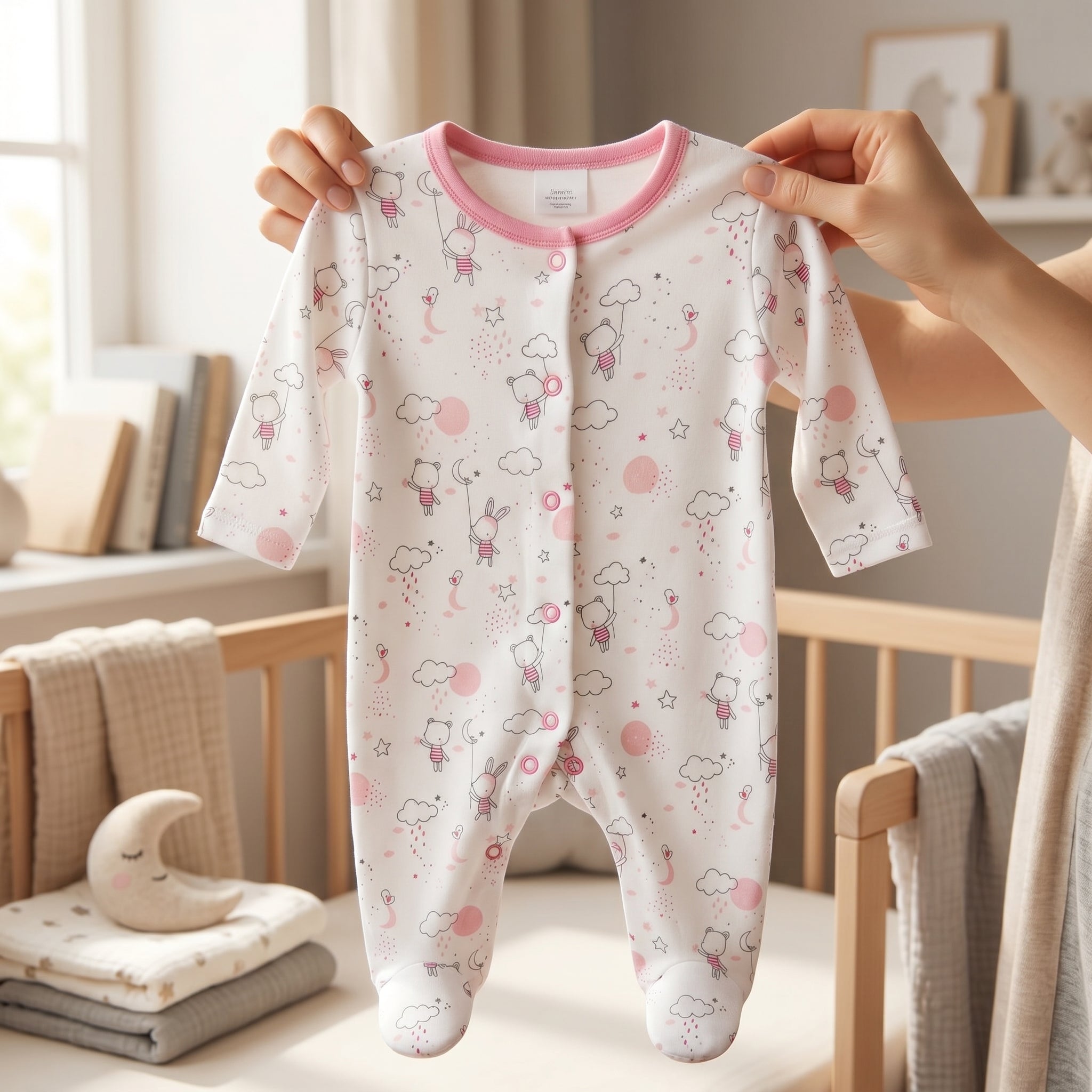 Pink Bunny Print Full Sleeve Baby Romper