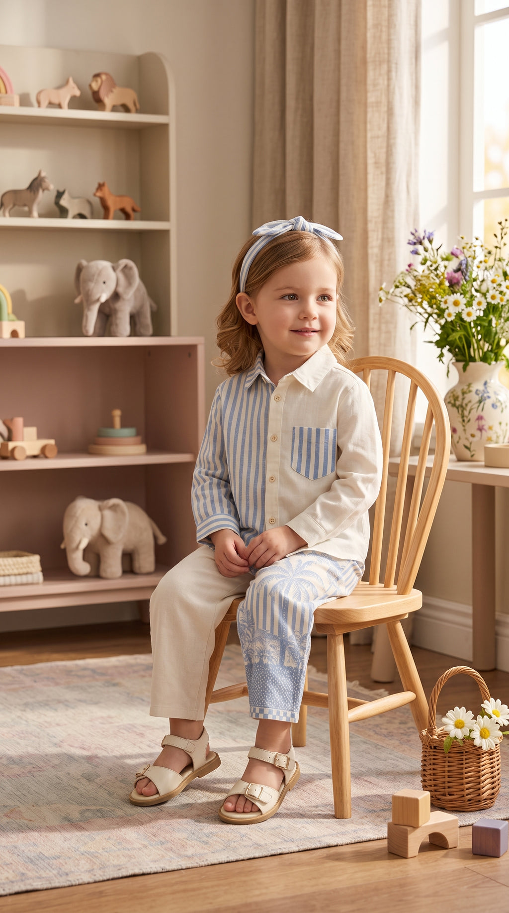 Blue Stripe & Palm Print Co-ord Set for Kids