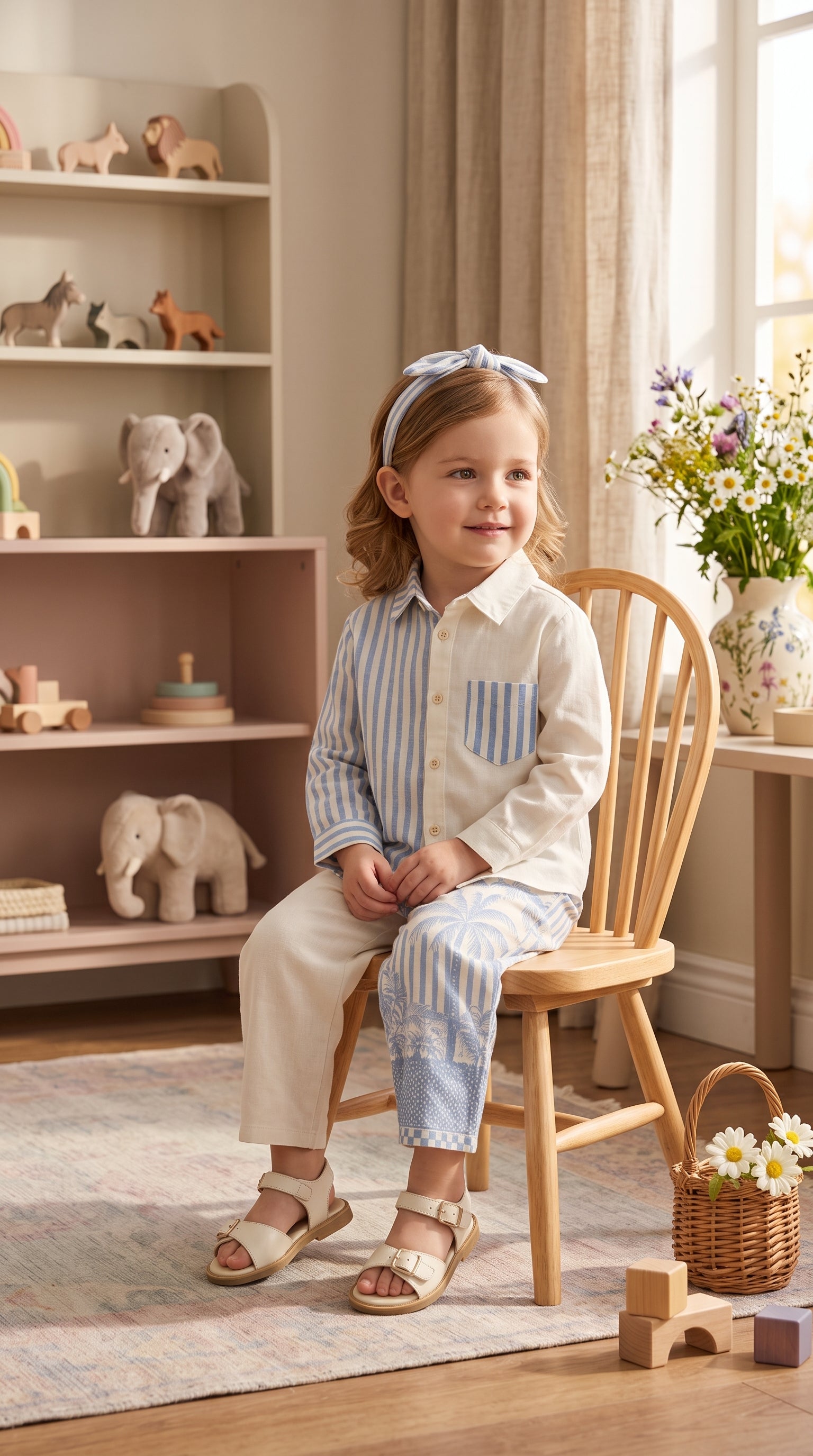 Blue Stripe & Palm Print Co-ord Set for Kids
