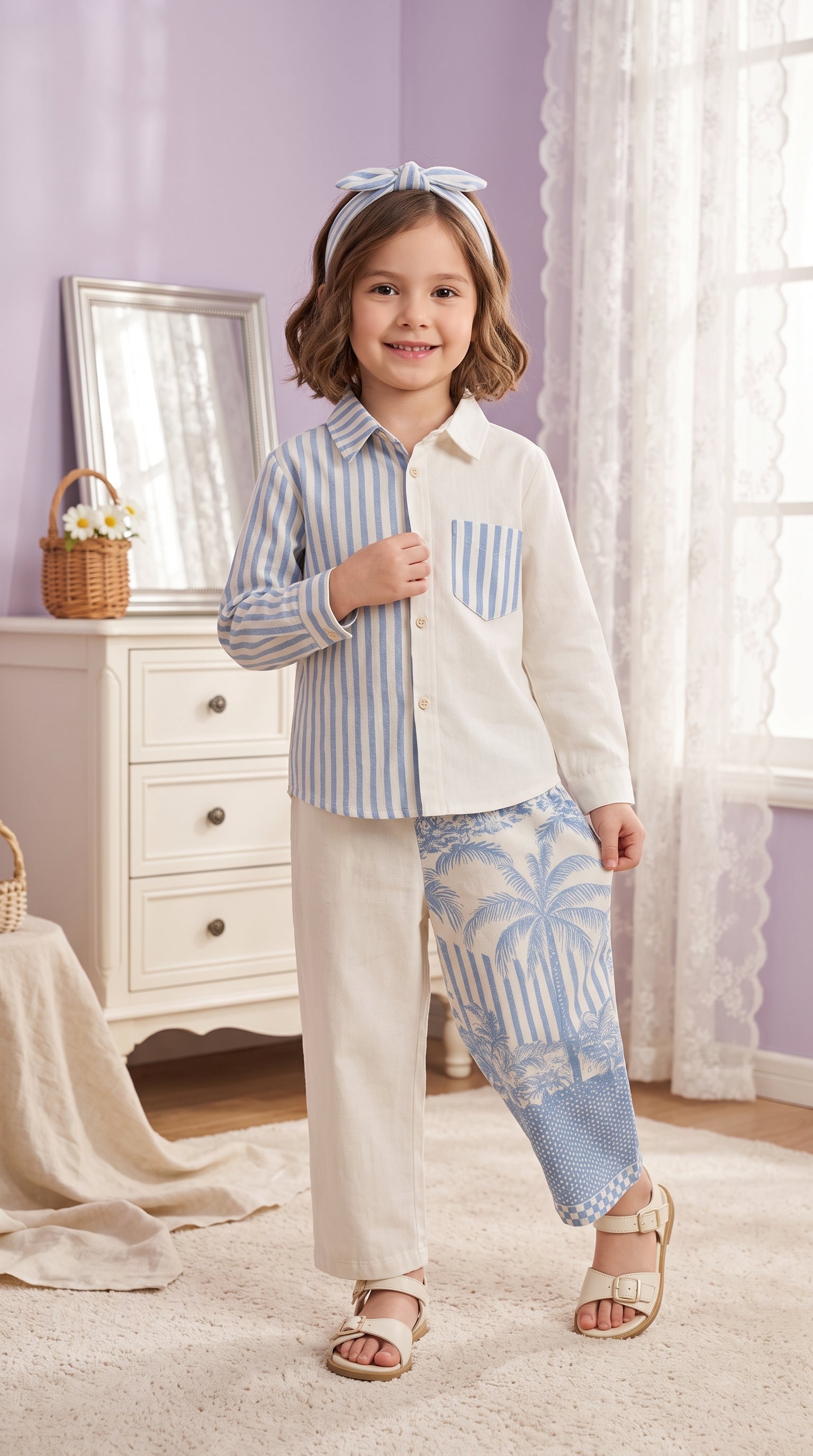 Blue Stripe & Palm Print Co-ord Set for Kids