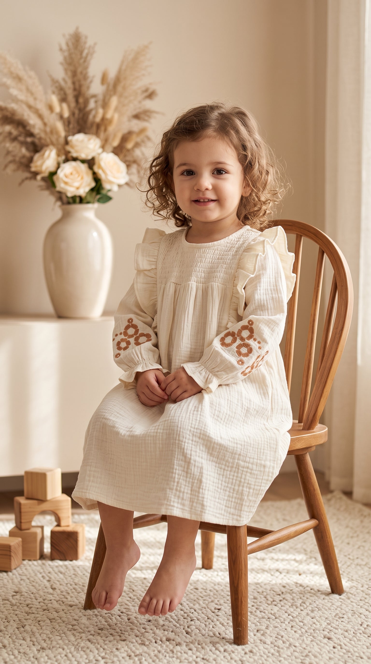 White Cotton Floral Embroidered Ruffle Sleeve Dress for Girls