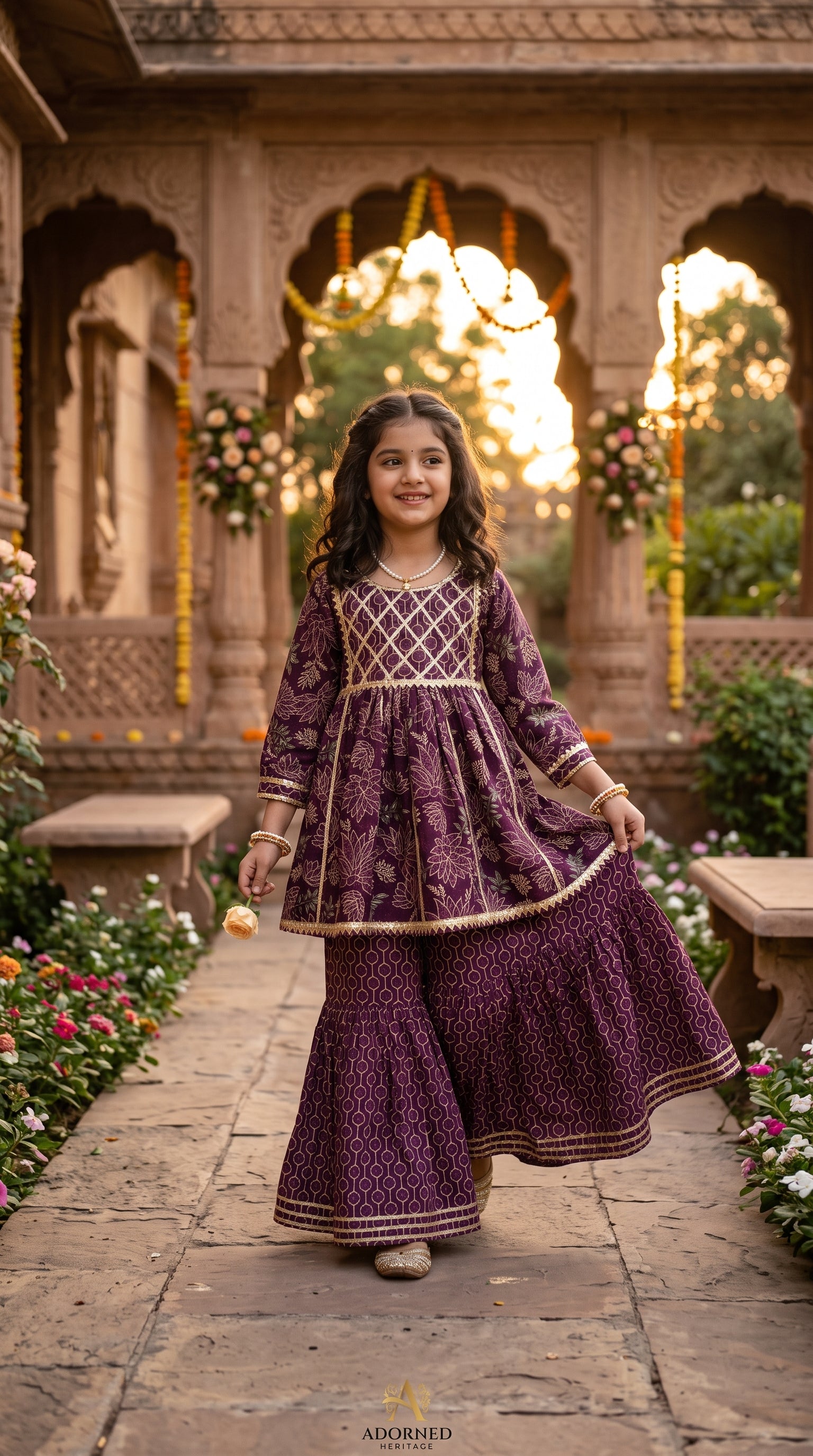 Baby Girl Purple Ethnic Sharara Set with Golden Embroidery Festive Wear Outfit