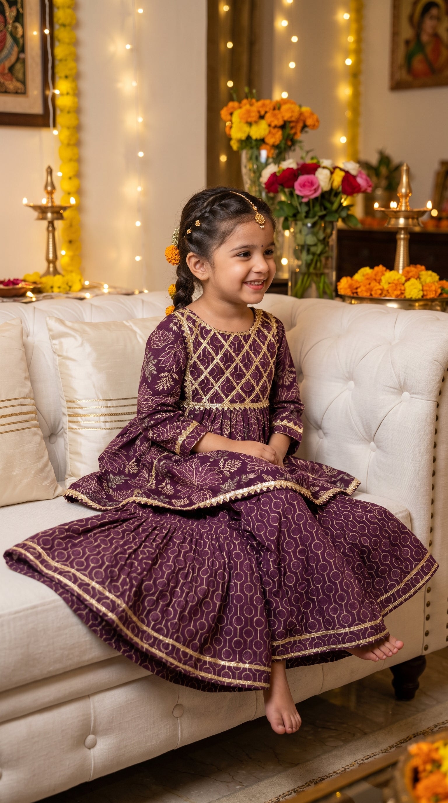 Baby Girl Purple Ethnic Sharara Set with Golden Embroidery Festive Wear Outfit
