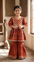 Rust Orange Floral Sharara Set for Girls