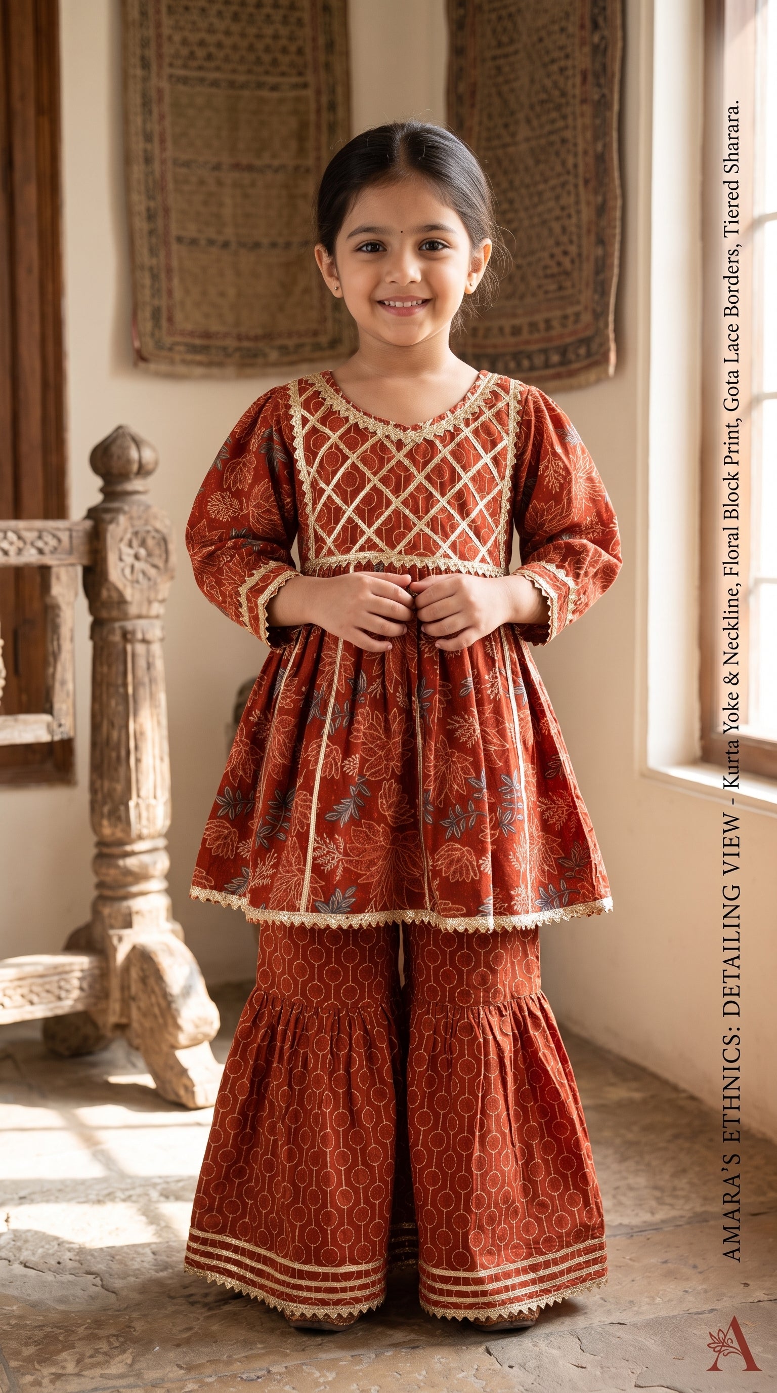 Rust Orange Floral Sharara Set for Girls