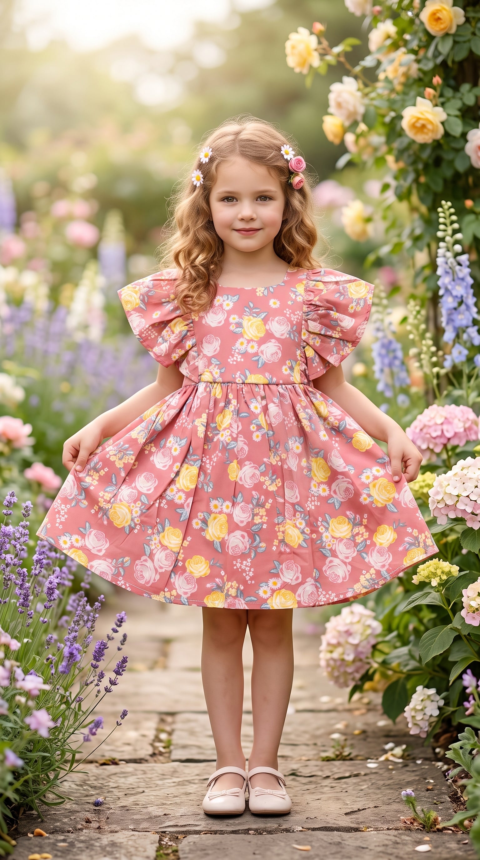 Pink Floral Printed Party Wear Frock for Girls
