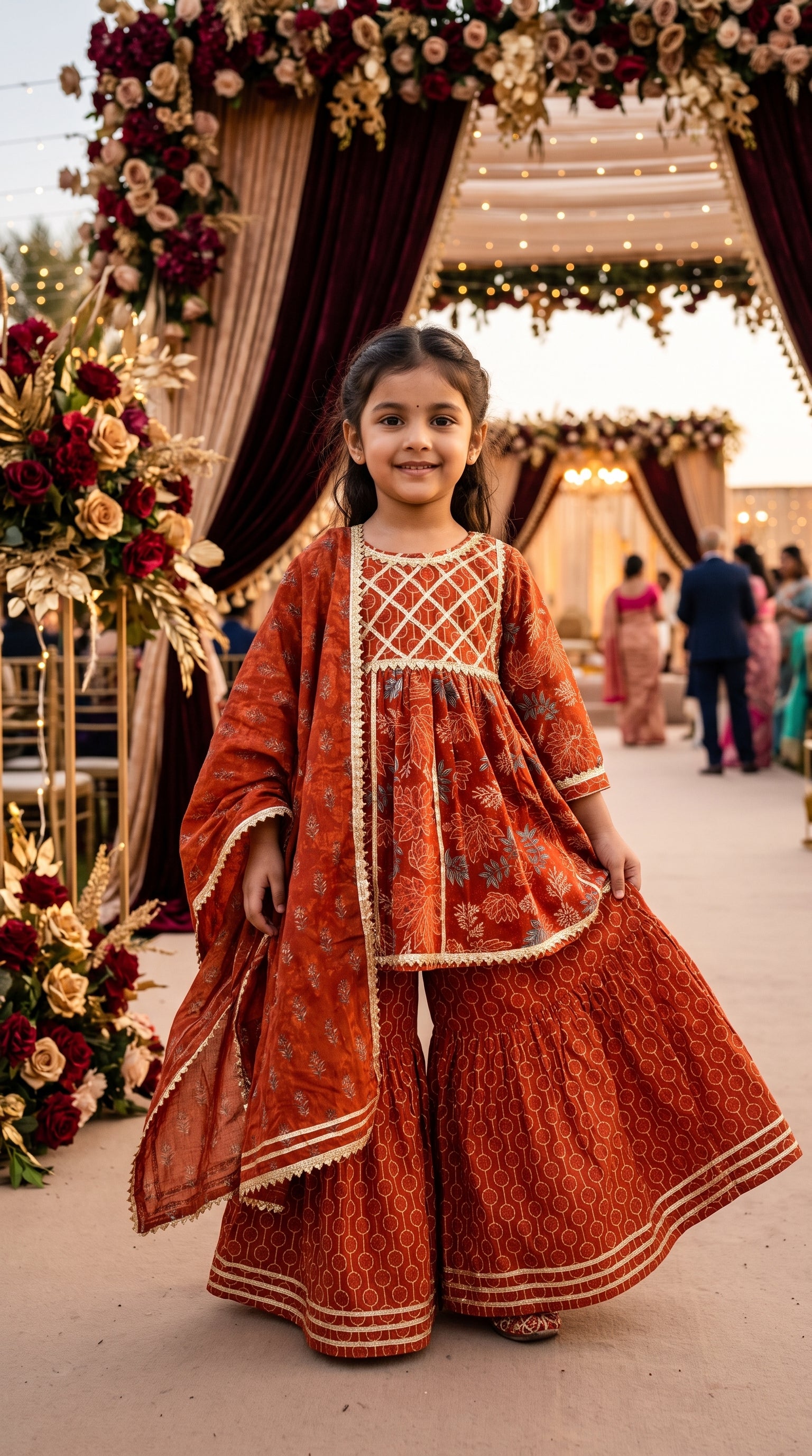 Rust Orange Floral Sharara Set for Girls