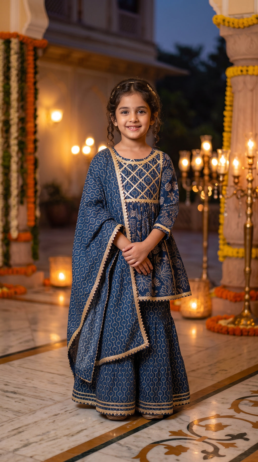 Indigo Blue Floral Sharara Set for Girls