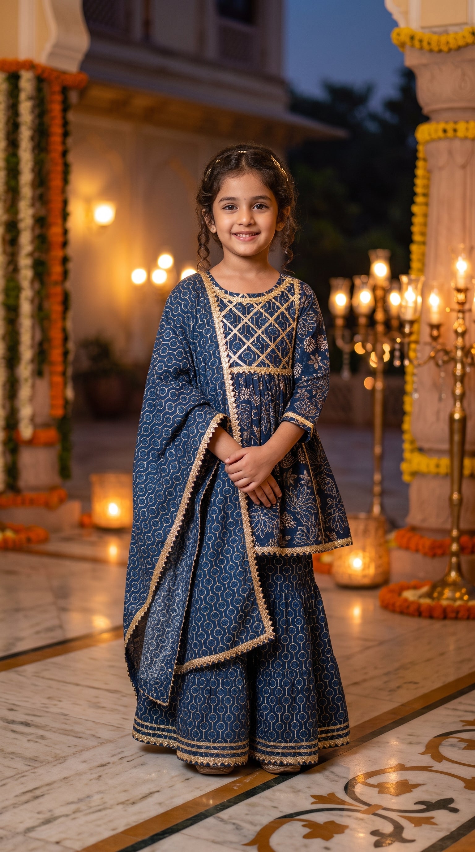 Indigo Blue Floral Sharara Set for Girls