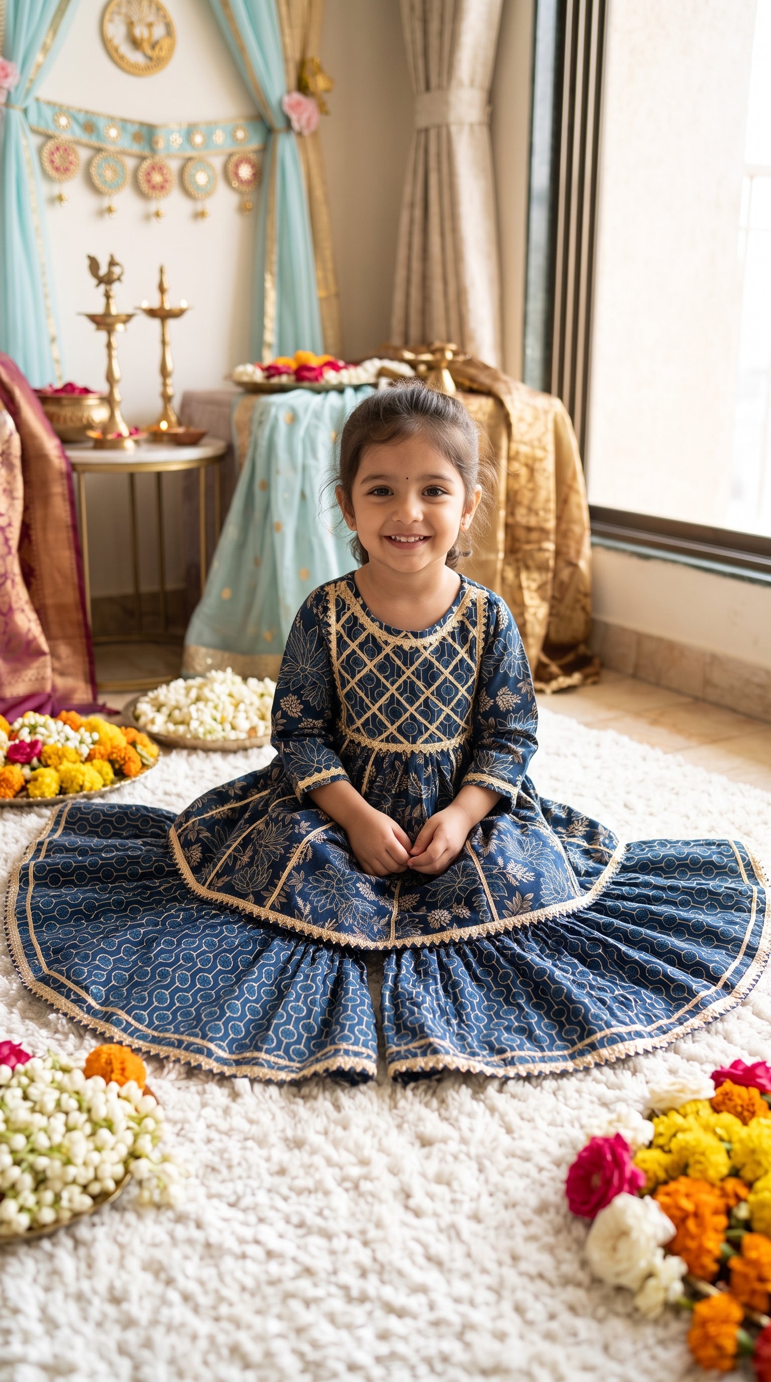 Indigo Blue Floral Sharara Set for Girls