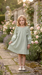 Sage Green Floral Embroidered Cotton Dress for Girls