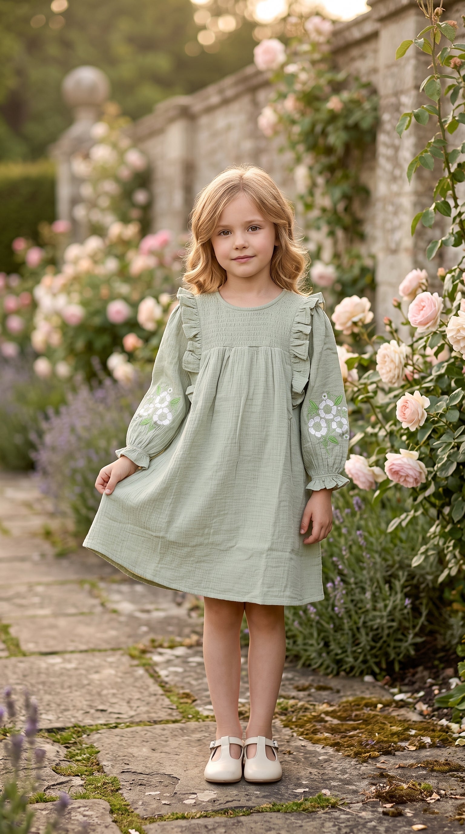 Sage Green Floral Embroidered Cotton Dress for Girls