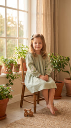 Sage Green Floral Embroidered Cotton Dress for Girls