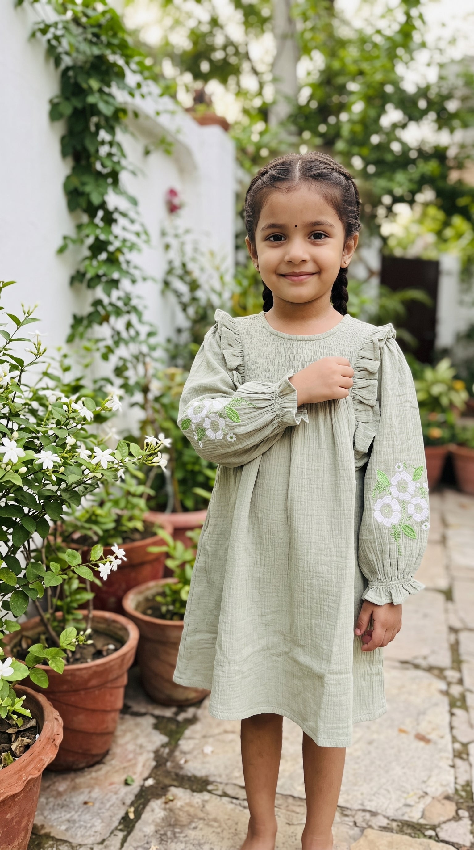 Sage Green Floral Embroidered Cotton Dress for Girls