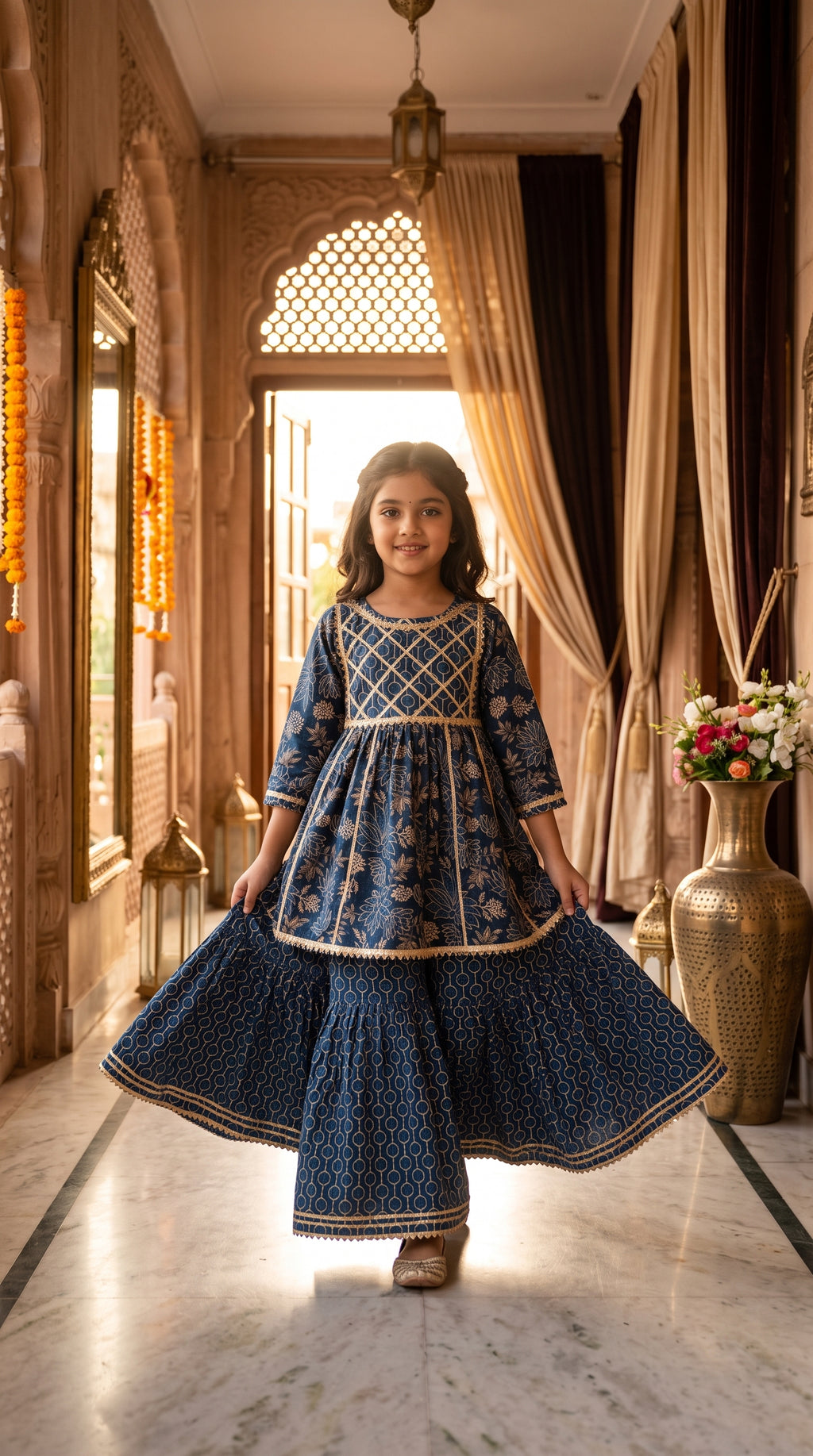 Indigo Blue Floral Sharara Set for Girls