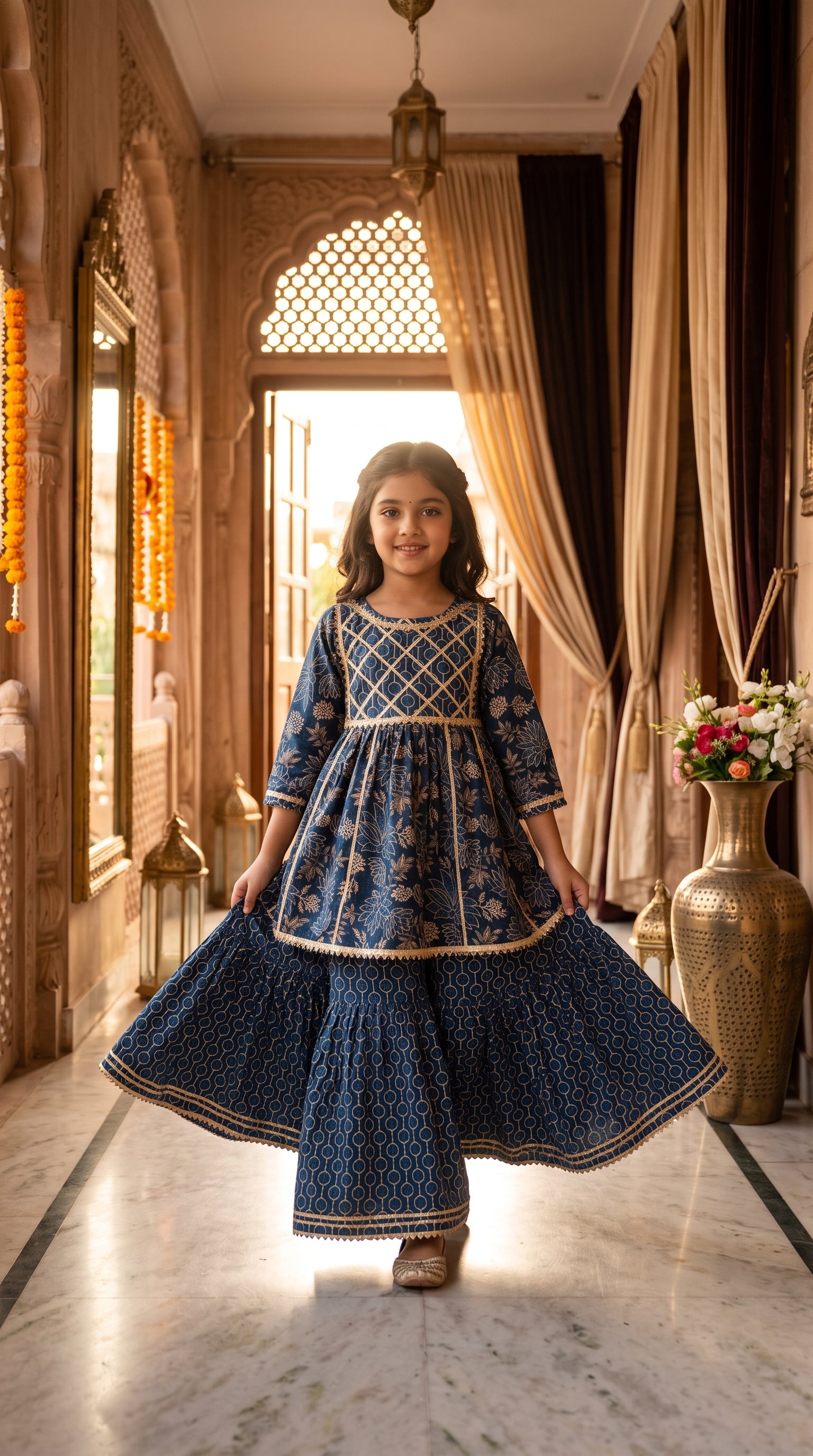 Indigo Blue Floral Sharara Set for Girls