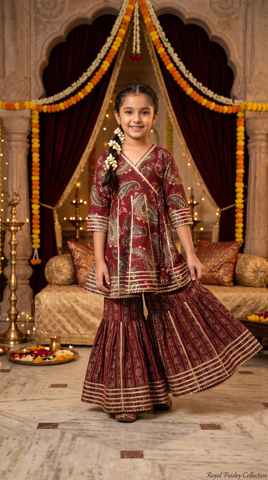 Maroon Floral Sharara Set for Girls