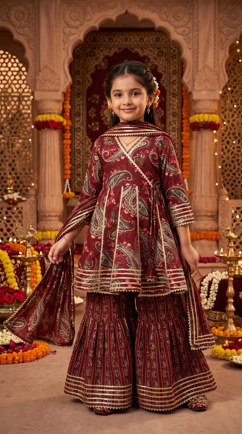 Maroon Floral Sharara Set for Girls