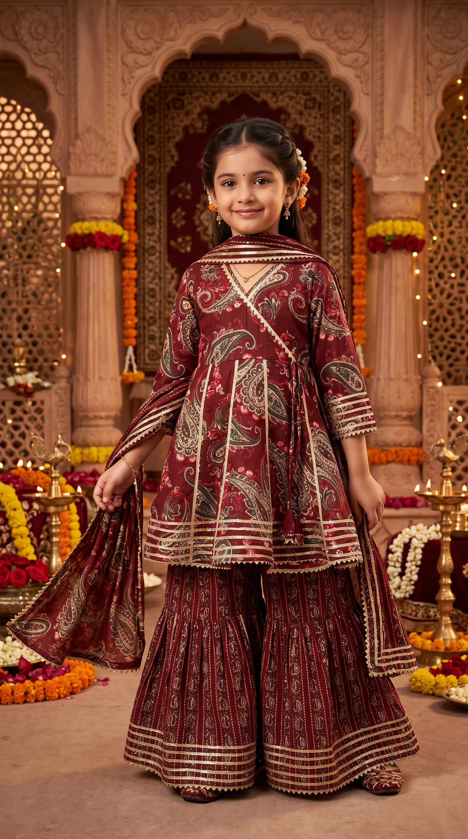 Maroon Floral Sharara Set for Girls