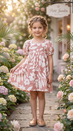 Pink Blossom Puff Sleeve Floral Dress for Girls