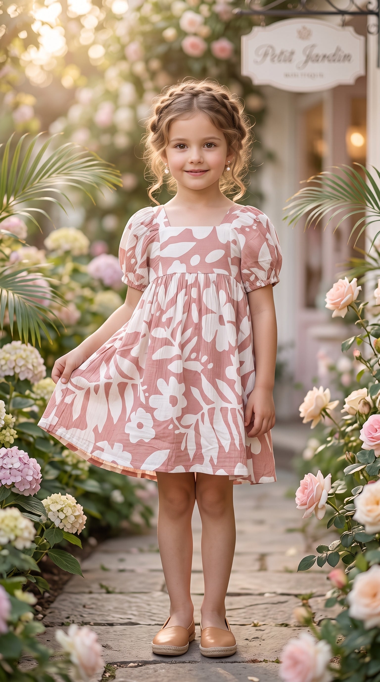 Pink Blossom Puff Sleeve Floral Dress for Girls