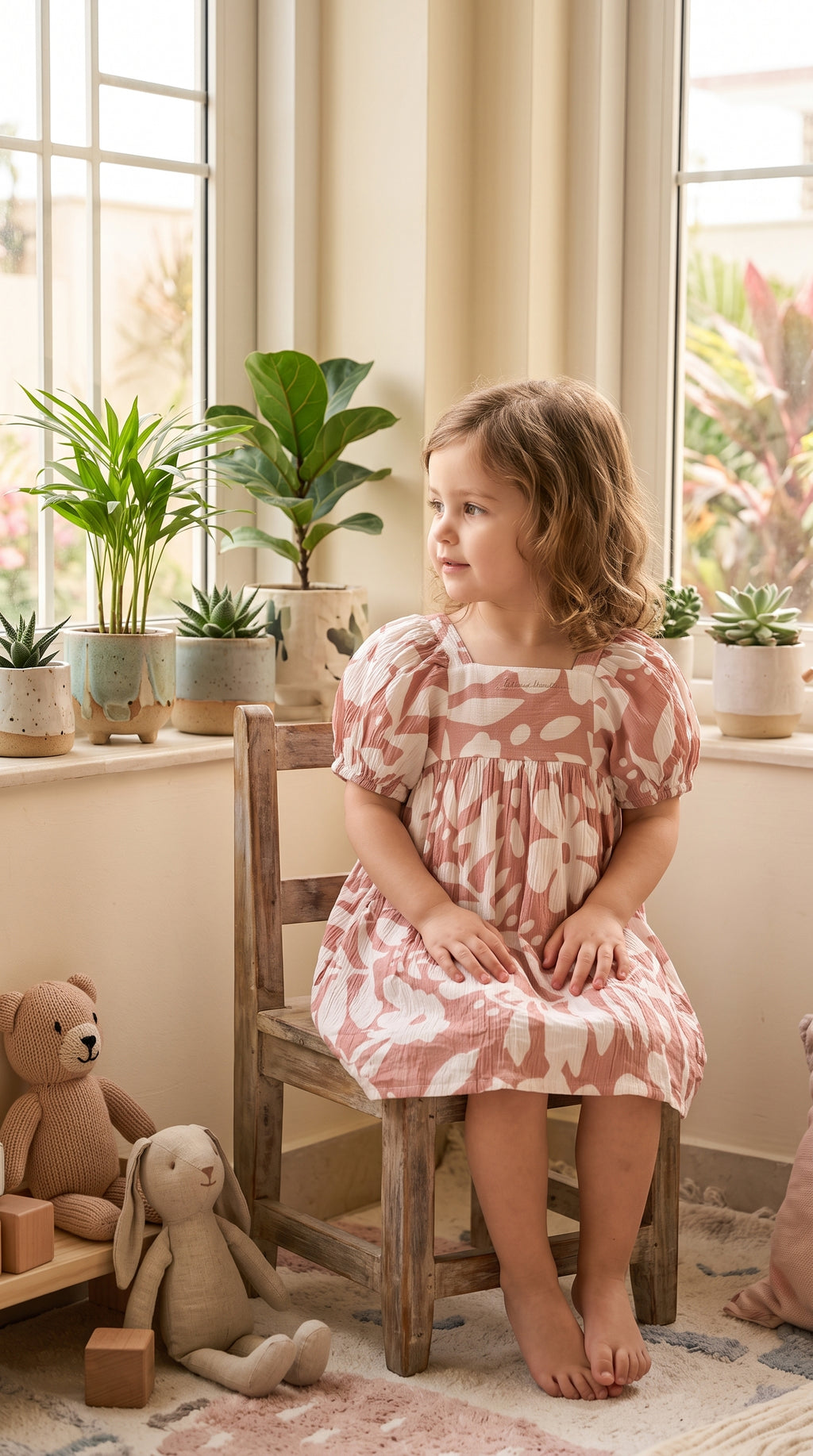 Pink Blossom Puff Sleeve Floral Dress for Girls