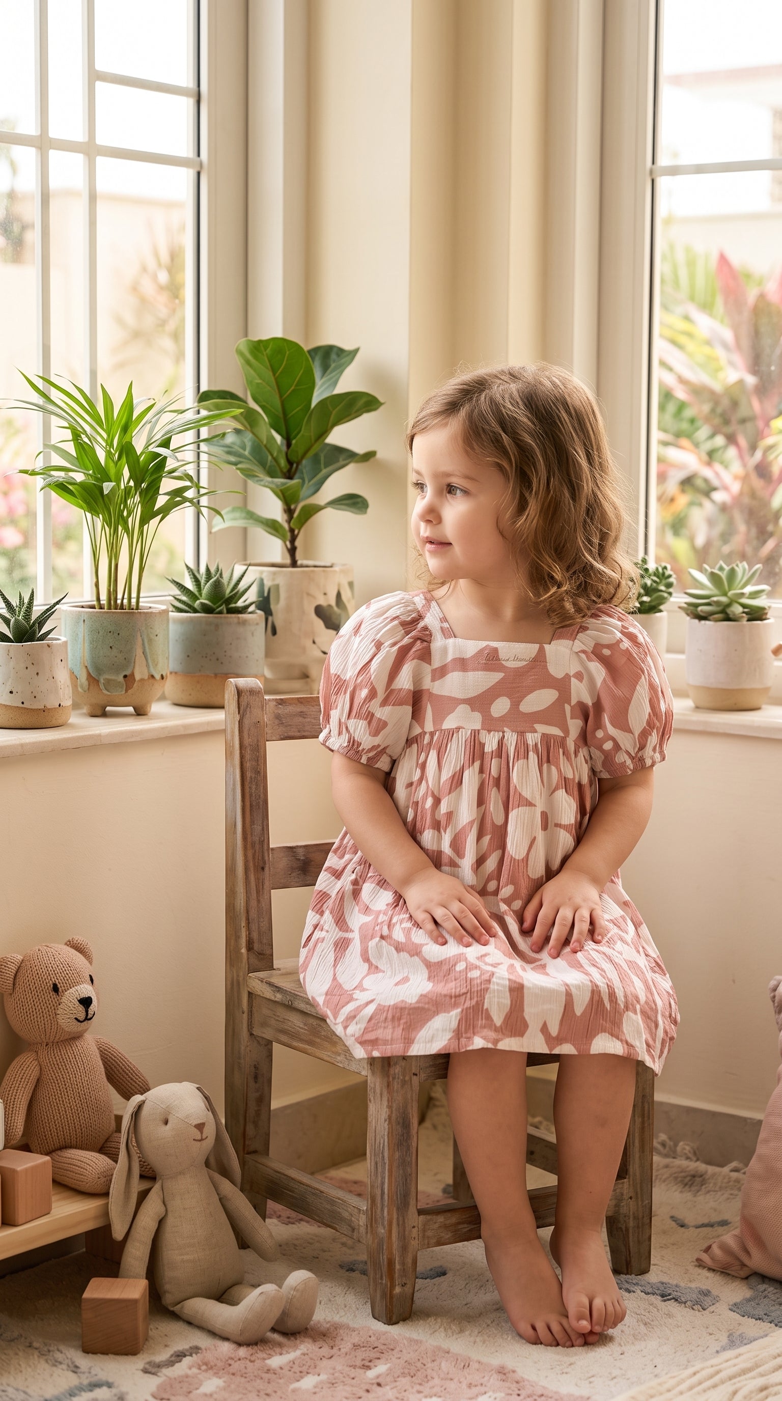 Pink Blossom Puff Sleeve Floral Dress for Girls