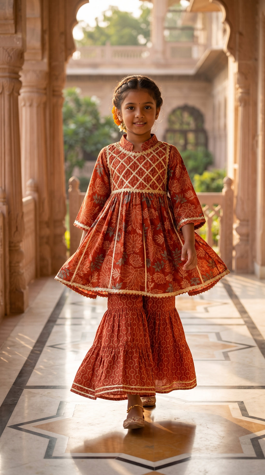 Rust Orange Floral Sharara Set for Girls