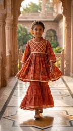 Rust Orange Floral Sharara Set for Girls