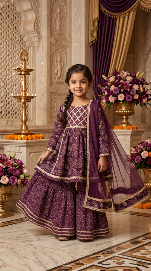 Baby Girl Purple Ethnic Sharara Set with Golden Embroidery Festive Wear Outfit