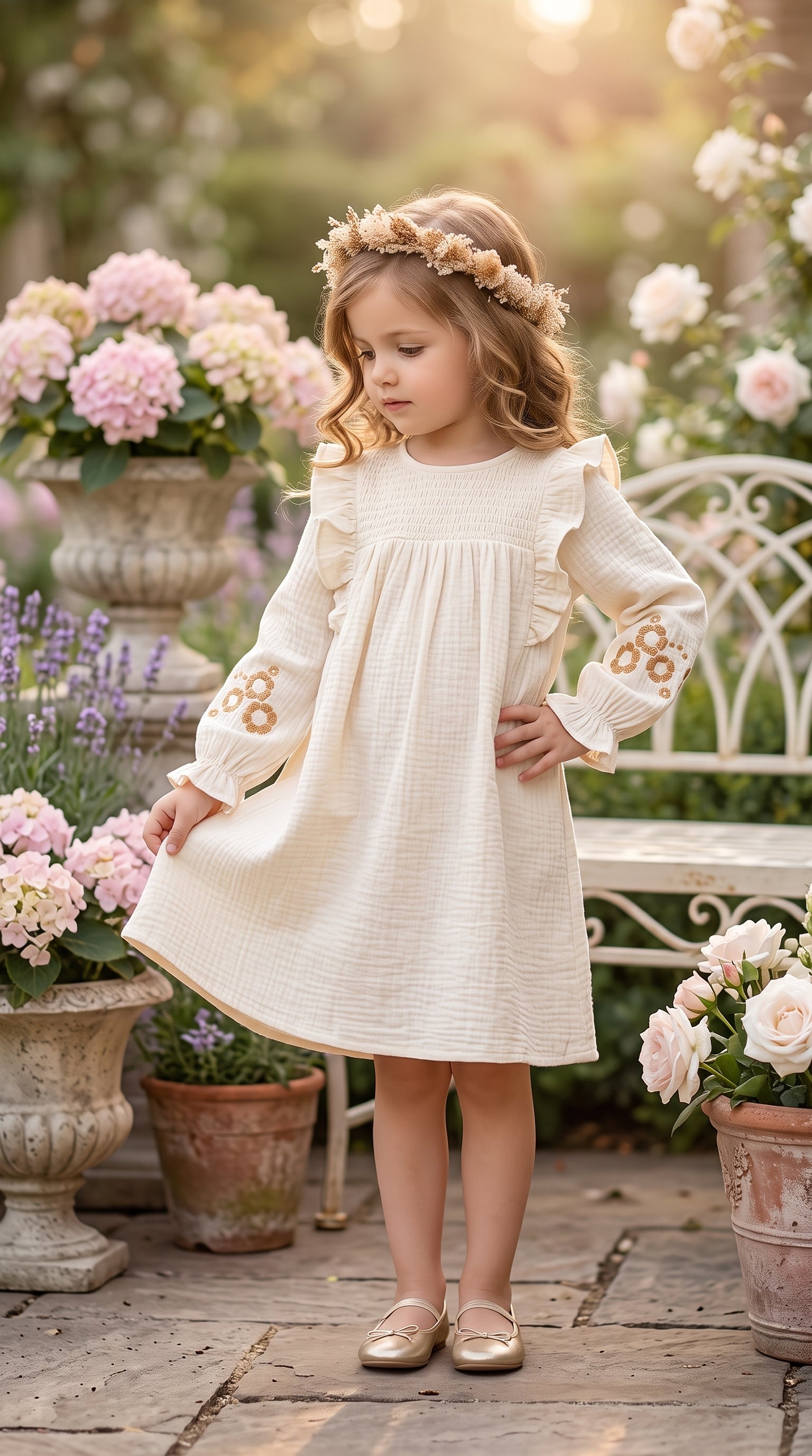 White Cotton Floral Embroidered Ruffle Sleeve Dress for Girls