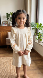 White Cotton Floral Embroidered Ruffle Sleeve Dress for Girls