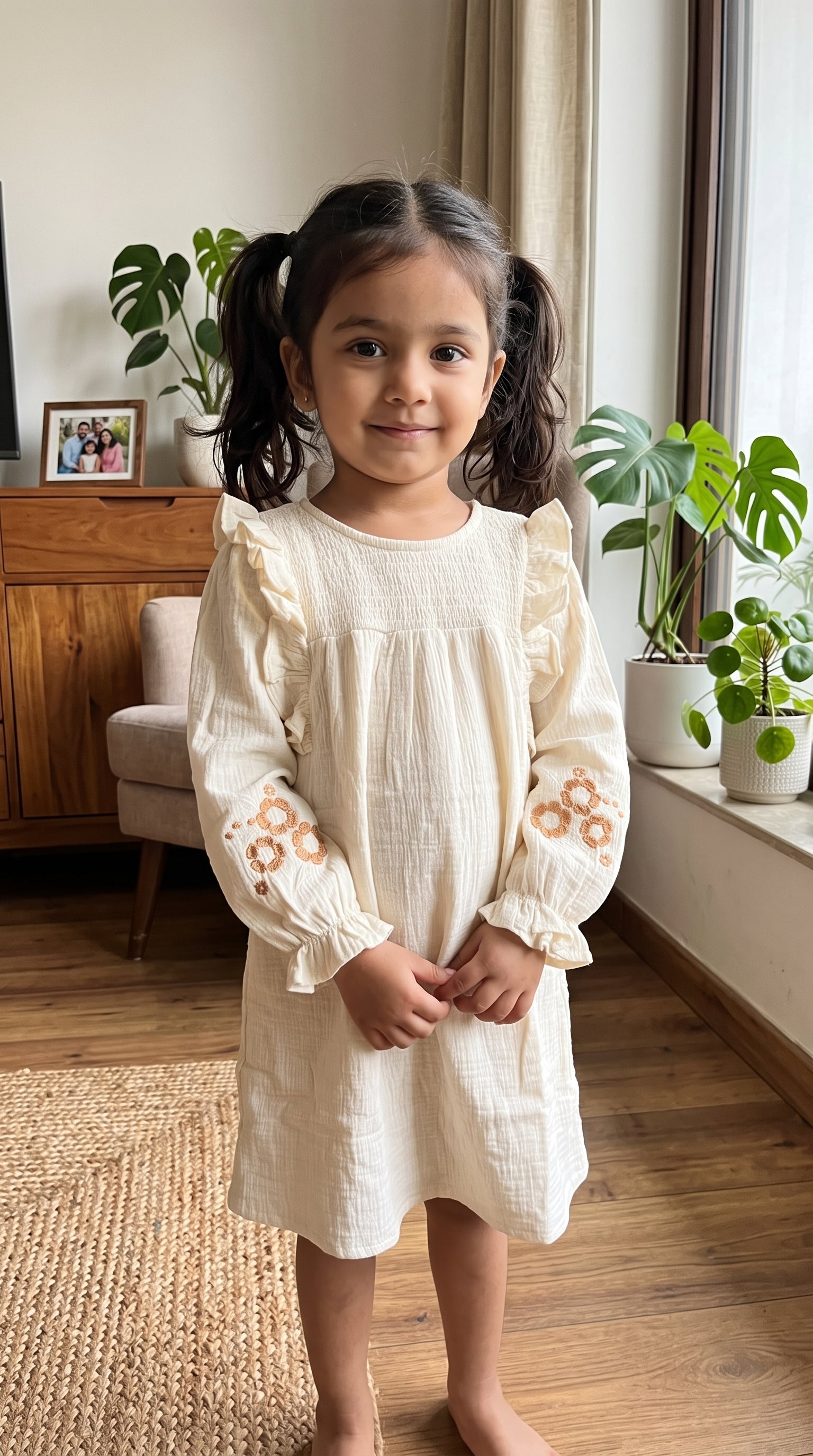 White Cotton Floral Embroidered Ruffle Sleeve Dress for Girls
