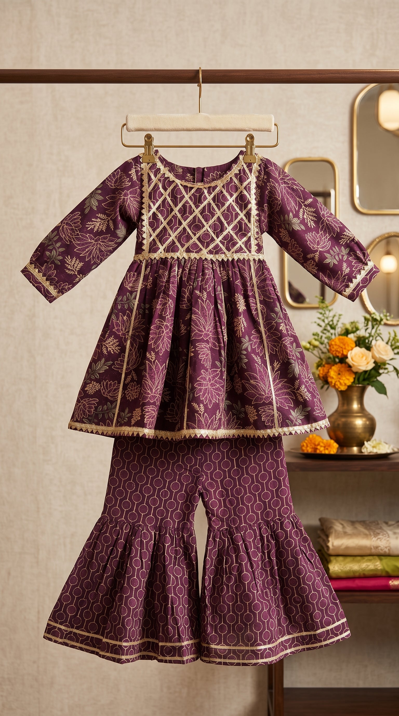 Baby Girl Purple Ethnic Sharara Set with Golden Embroidery Festive Wear Outfit