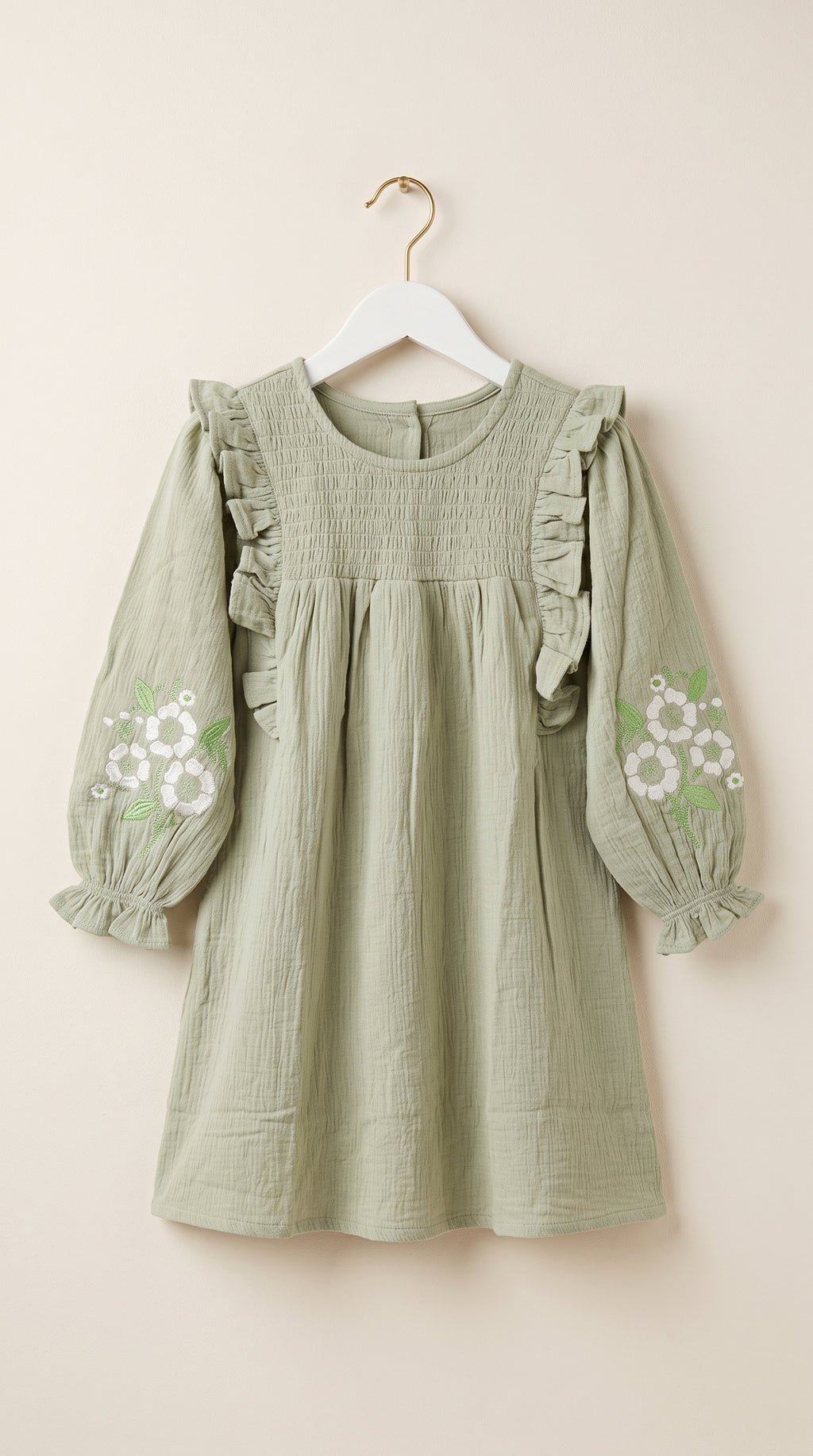 Sage Green Floral Embroidered Cotton Dress for Girls