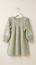 Sage Green Floral Embroidered Cotton Dress for Girls